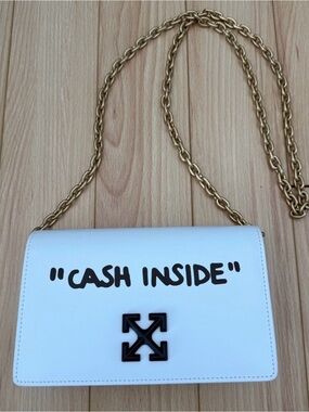 Off-White Inspired 'Cash Inside' White Leather Crossbody Bag with Gold Chain